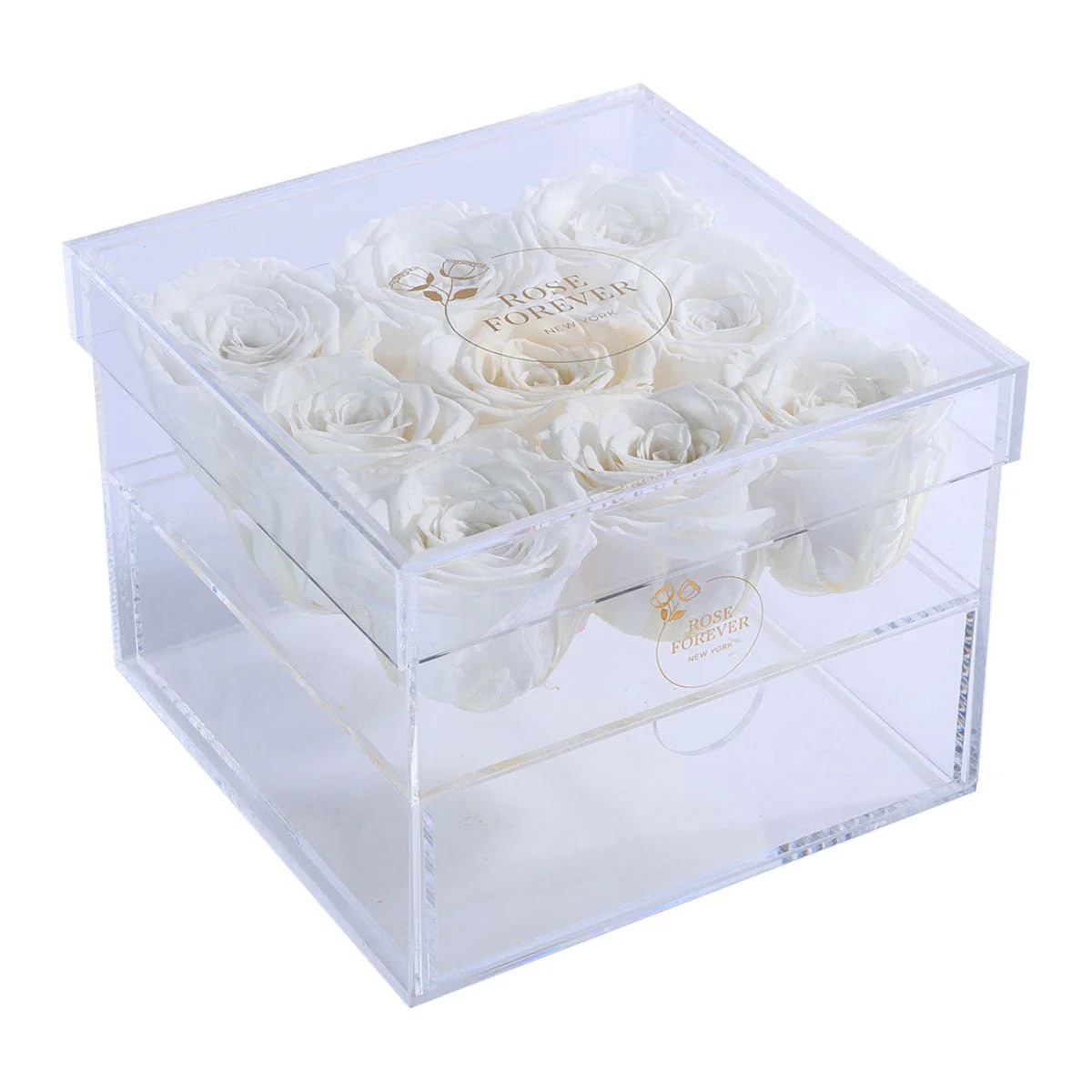 9 White Roses - Square Crystal Box | Rose Forever 