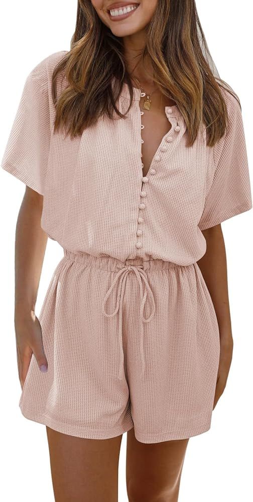 Fixmatti Women Summer Rompers Short Sleeve Button Up One Piece Casual Shorts Jumpsuits | Amazon (US)