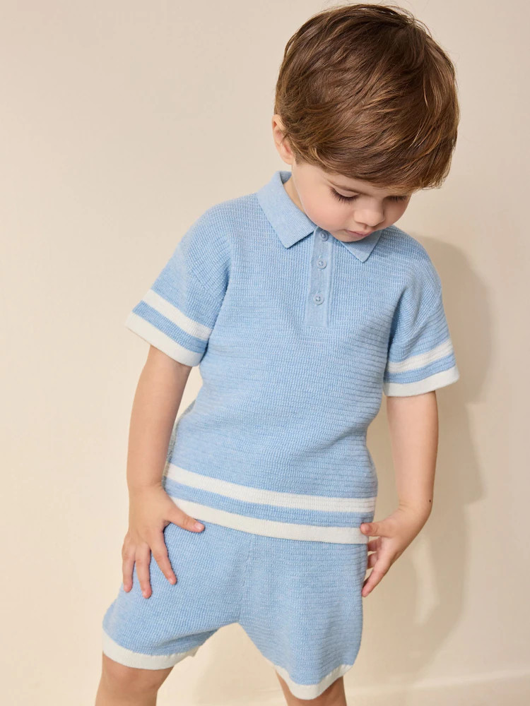 Buy Blue Knitted Button Neck Polo Shirt and Shorts Set (3mths-10yrs) from Next USA | Next US