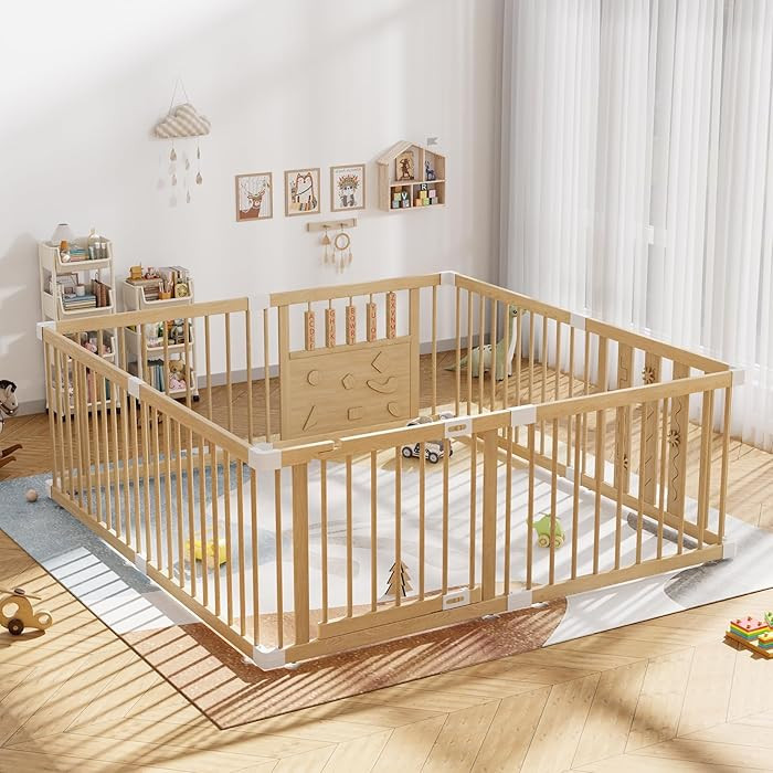 Wooden Baby Playpen with Child Safety Lock, Extra Large Play Yard for Babies and Toddlers, Indoor... | Amazon (US)