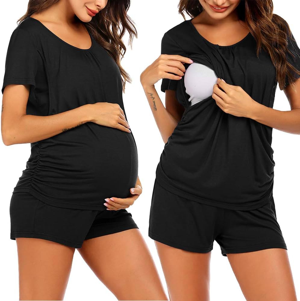 Ekouaer Women's Maternity Nursing Pajama Set Breastfeeding Sleepwear Set Double Layer Short Sleeve T | Amazon (US)
