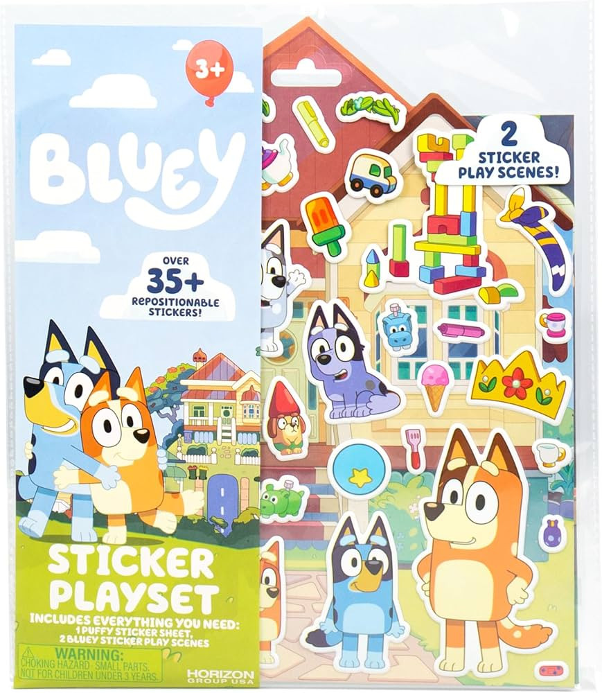 Horizon Group USA Bluey Sticker Playset, 2 Sticker Play Scenes, 35+ Reusable Puffy Bluey Repositi... | Amazon (US)