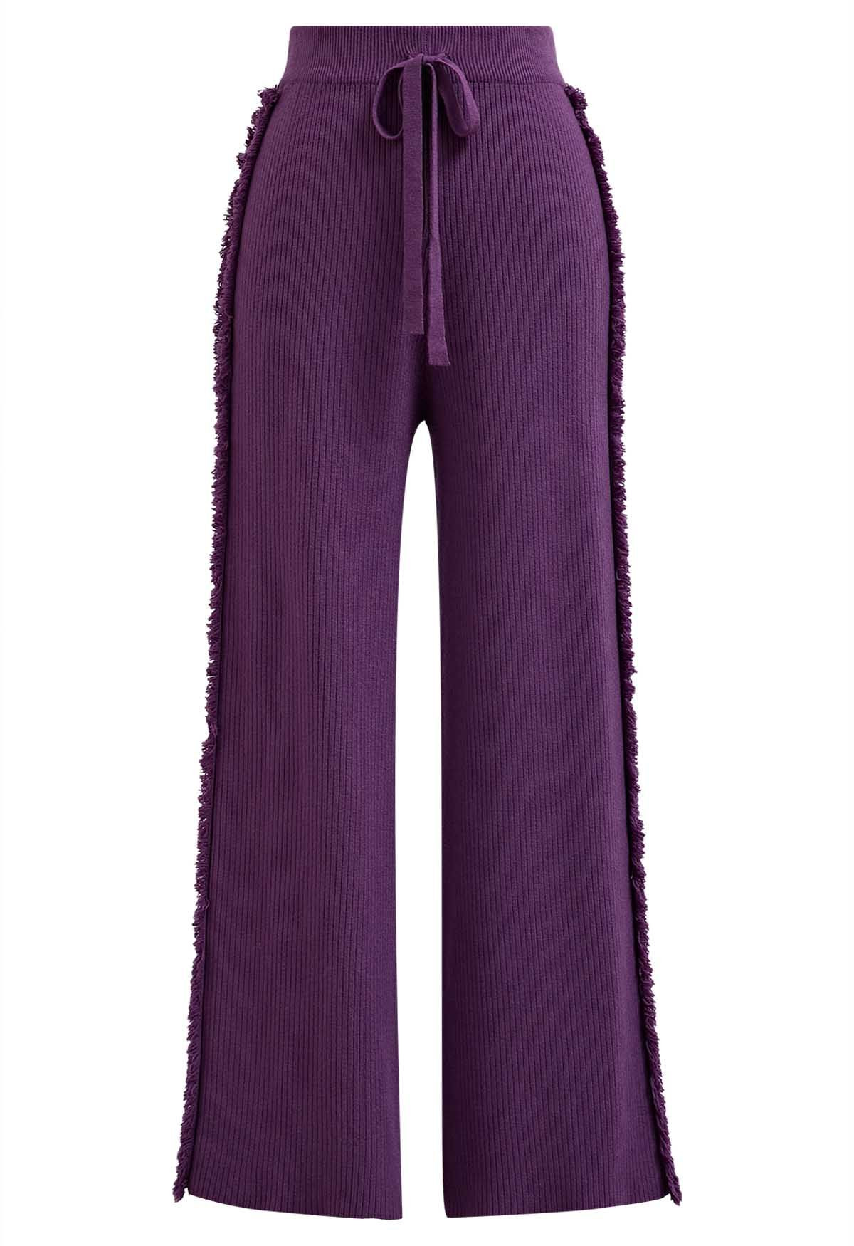 Side Tassel Trim Straight-Leg Knit Pants in Purple | Chicwish