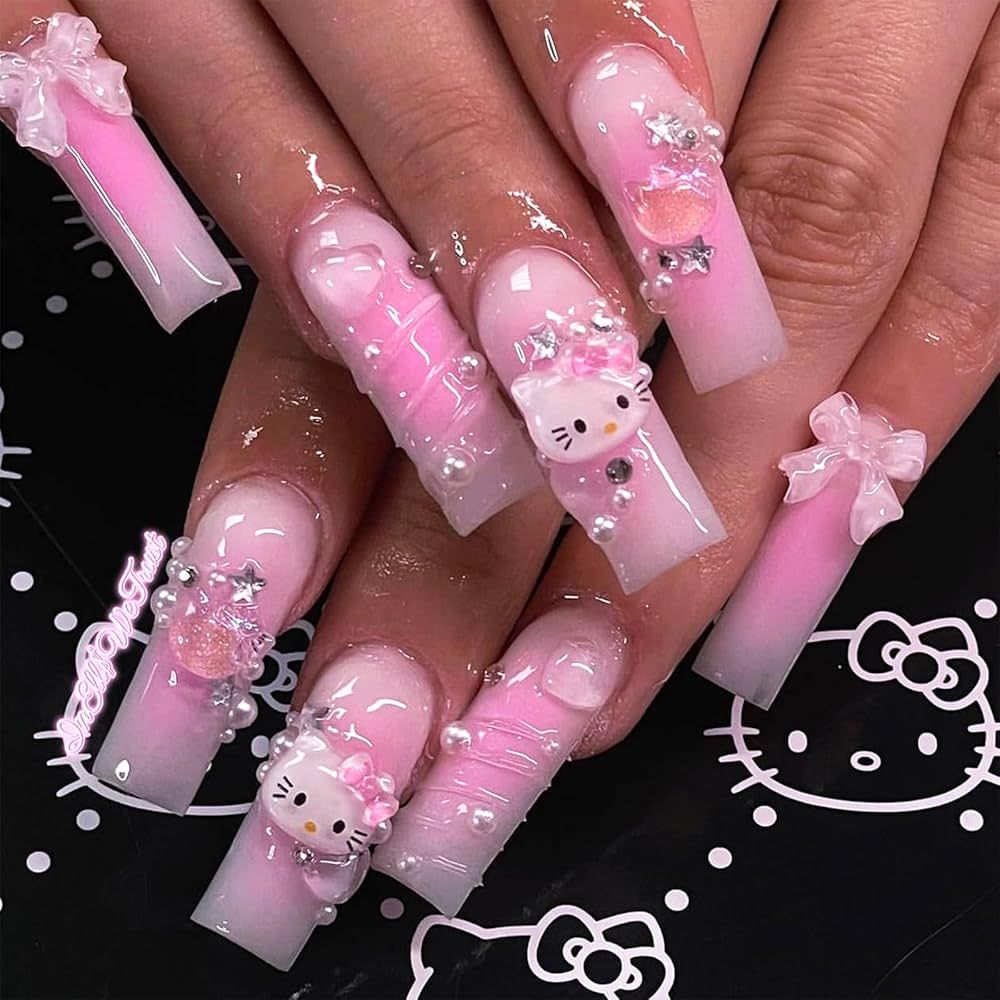 24PCS French Pink Kitty Press on Nails,Cute Kawaii 3D False Nails,Cartoon Y2K Long Length with Pe... | Amazon (CA)