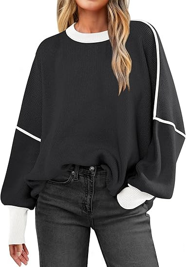 ANRABESS Womens Oversized Sweaters Fall 2024 Fashion Crewneck Batwing Long Sleeve Side Slit Knit ... | Amazon (US)