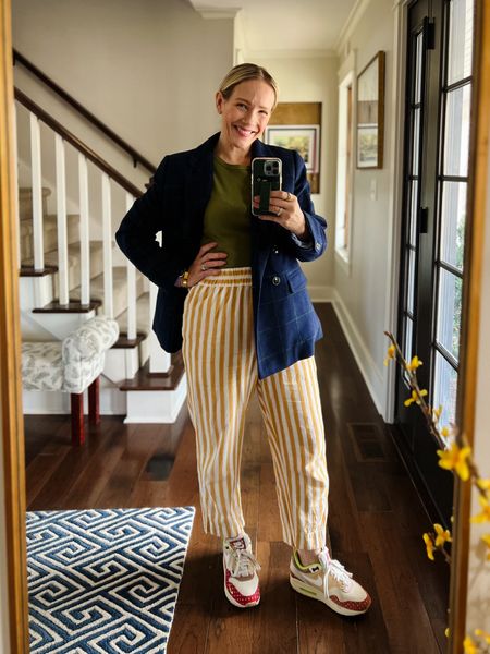 Blazer as a spring jacket outfit of the day - linen stripe pull on pants, sneakers, bombas socks, layering tank, cuff bracelet 
❤️ Claire Lately 

#LTKstyletip #LTKfindsunder100 #LTKworkwear