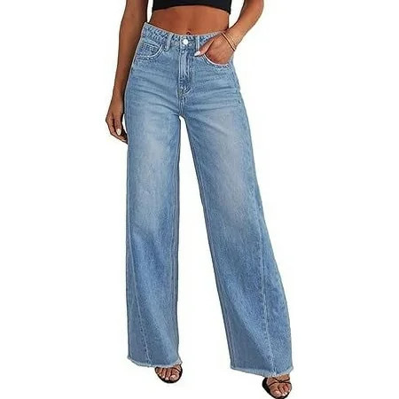 PRETTYGARDEN Wide Leg Jeans for Women Trendy High Waisted Stretchy Baggy Raw Hem Denim Palazzo Pants with Pockets | Walmart (US)