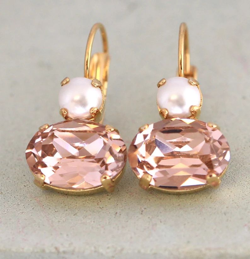 Blush Pink Bridal Drop Earrings, Morganite Earrings, Swarovski Blush Crystal Earrings, Pearl Crys... | Etsy (US)