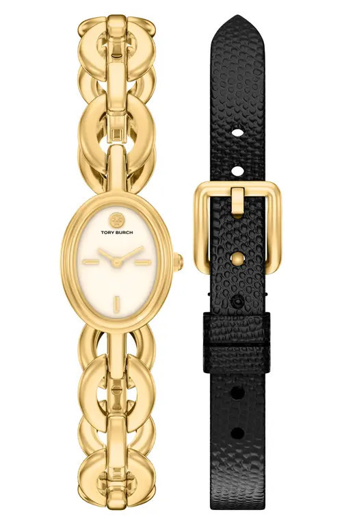 Tory Burch The Small Oval Watch Gift Set, 18mm x 23mm in Gold/black at Nordstrom | Nordstrom