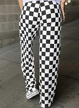 Acelitt Womens Casual Checkered Pants Elastic Waist Comfy Loose Wide Leg Pants with Pockets | Amazon (US)