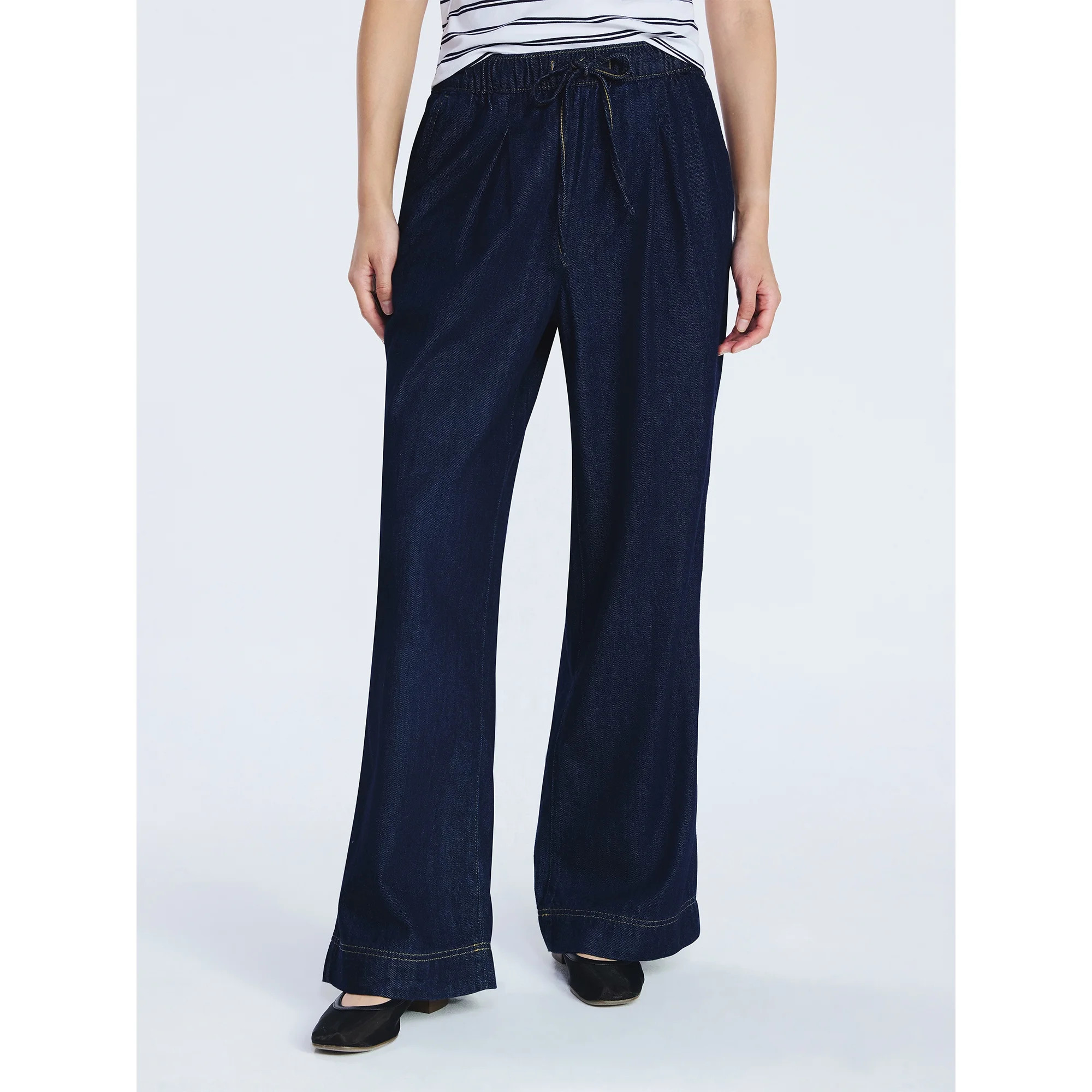 Free Assembly Women's and Women's Plus Loose Fitting Wide Leg Jeans with Adjustable Tie Waist, 29... | Walmart (US)