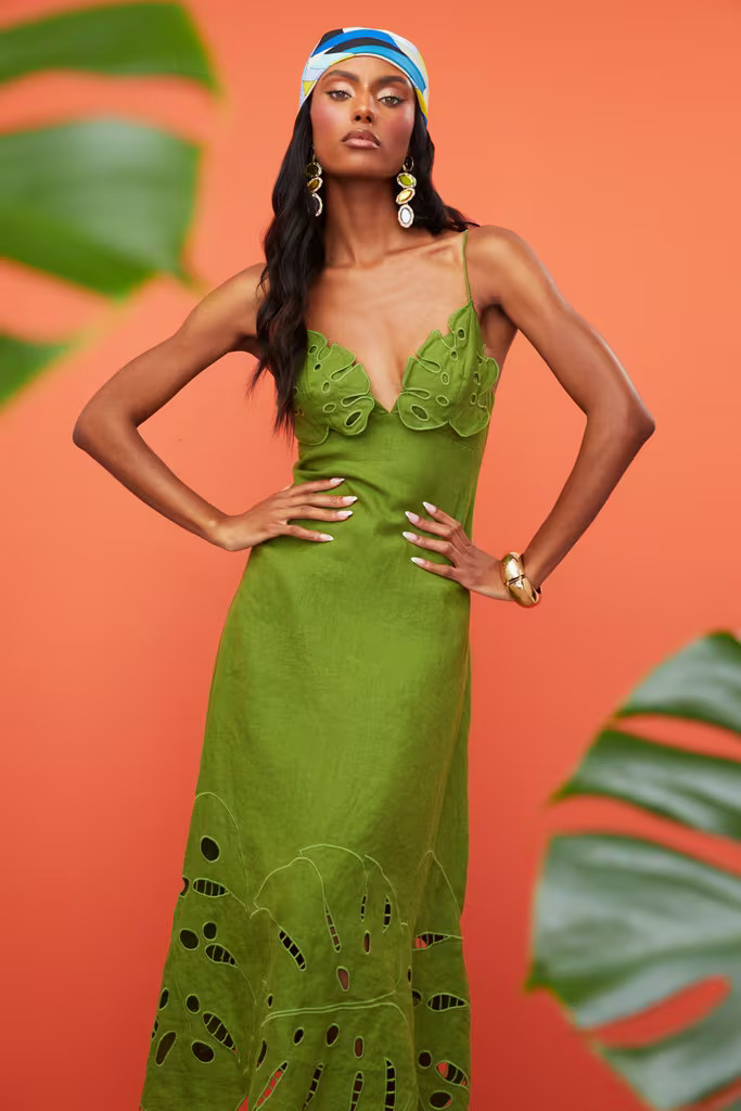 GREEN MONSTERA EMBROIDERY MIDI DRESS | FashionPass