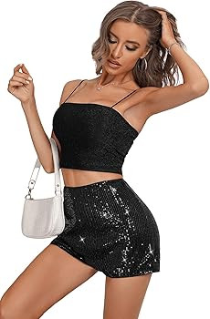 SweatyRocks Women's Sequins High Elastic Waist Straight Leg Shorts Solid Glitter Party Shorts | Amazon (US)