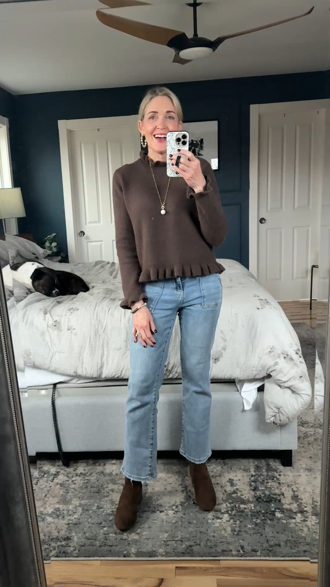 Fall outfit of the day. Zara ruffled sweater size small, Risen utility jeans size down - wearing 24. Melinda Maria pearl pendant necklace, J.Crew pearl hoops, Gentle Souls brown suede boots. 

Brown color trend, mom looks, Thanksgiving outfit, denim outfit, fashion over 40, Risen denim, cozy outfit

#LTKFindsUnder100 #LTKOver40 #LTKootd