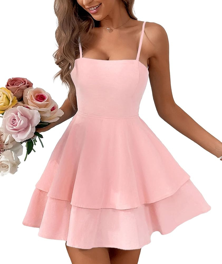 SEMATOMALA Women's Tie Back Spaghetti Strap Skater Mini Dress Tiered Ruffle Fit and Flared A Line... | Amazon (CA)