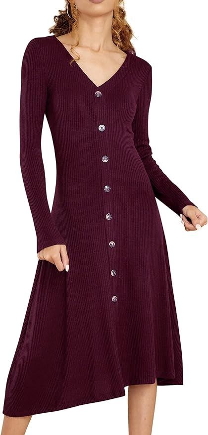 R.Vivimos Women's Winter Cotton Long Sleeves V-Neck Casual Button Down Knit Sweater Midi Dress | Amazon (US)