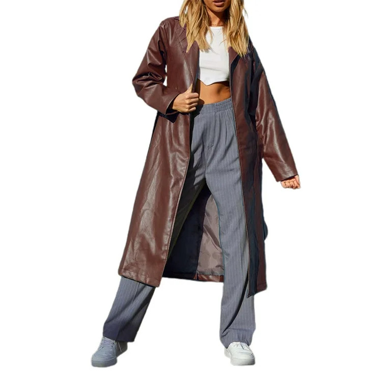 Womens PU Faux Leather Jacket Casual Lapel Long Suit Trench Coat Outerwear | Walmart (US)