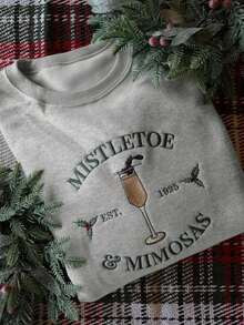 INAWLY Christmas Wine Glass Slogan Colorblock Embroidery Pattern Crew Neck Women Embroidered Swea... | SHEIN