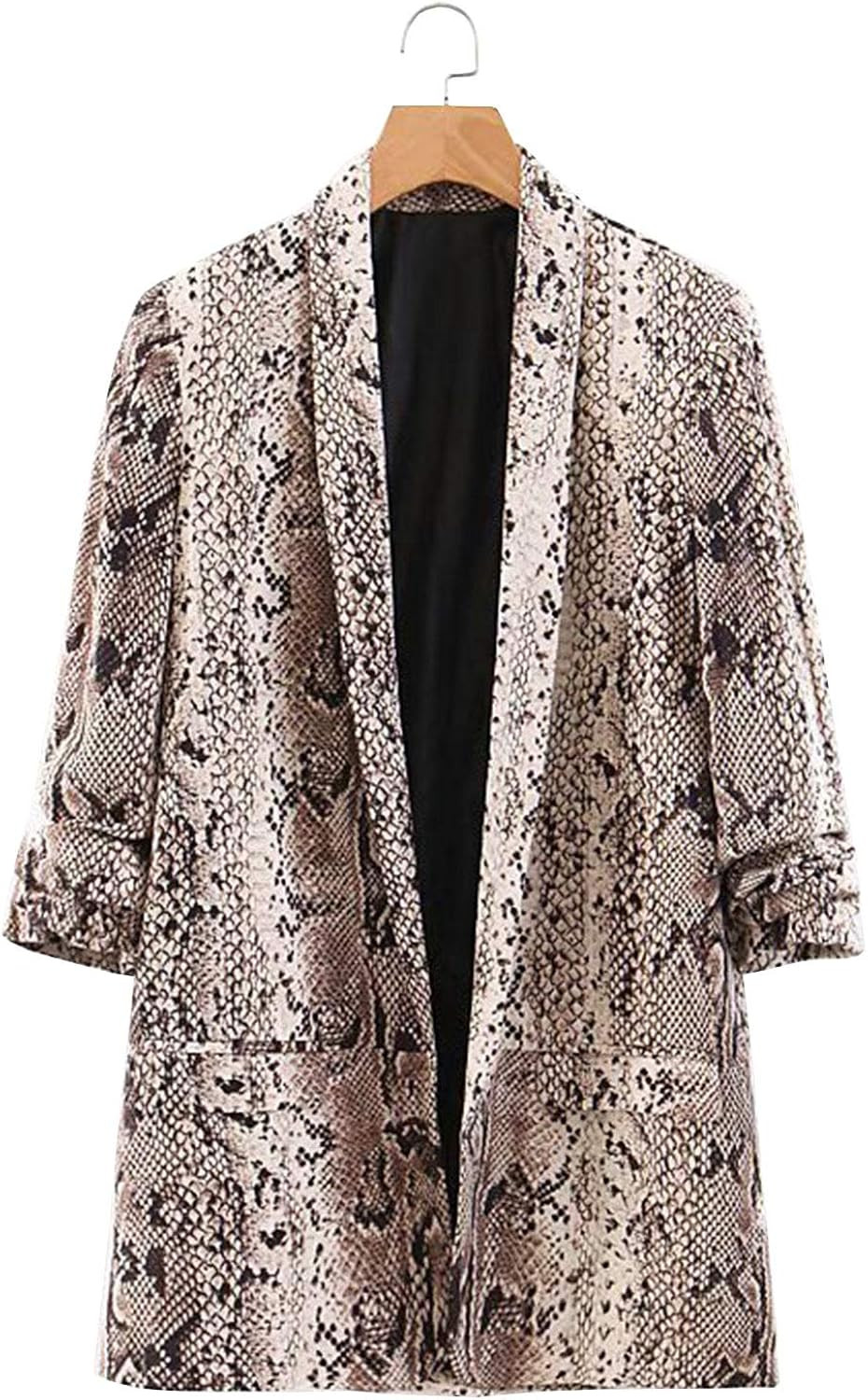Doballa Women's Snakeskin Print Jacket Coat 3/4 Ruched Sleeve Open Front Office OL Blazer Suit | Amazon (US)