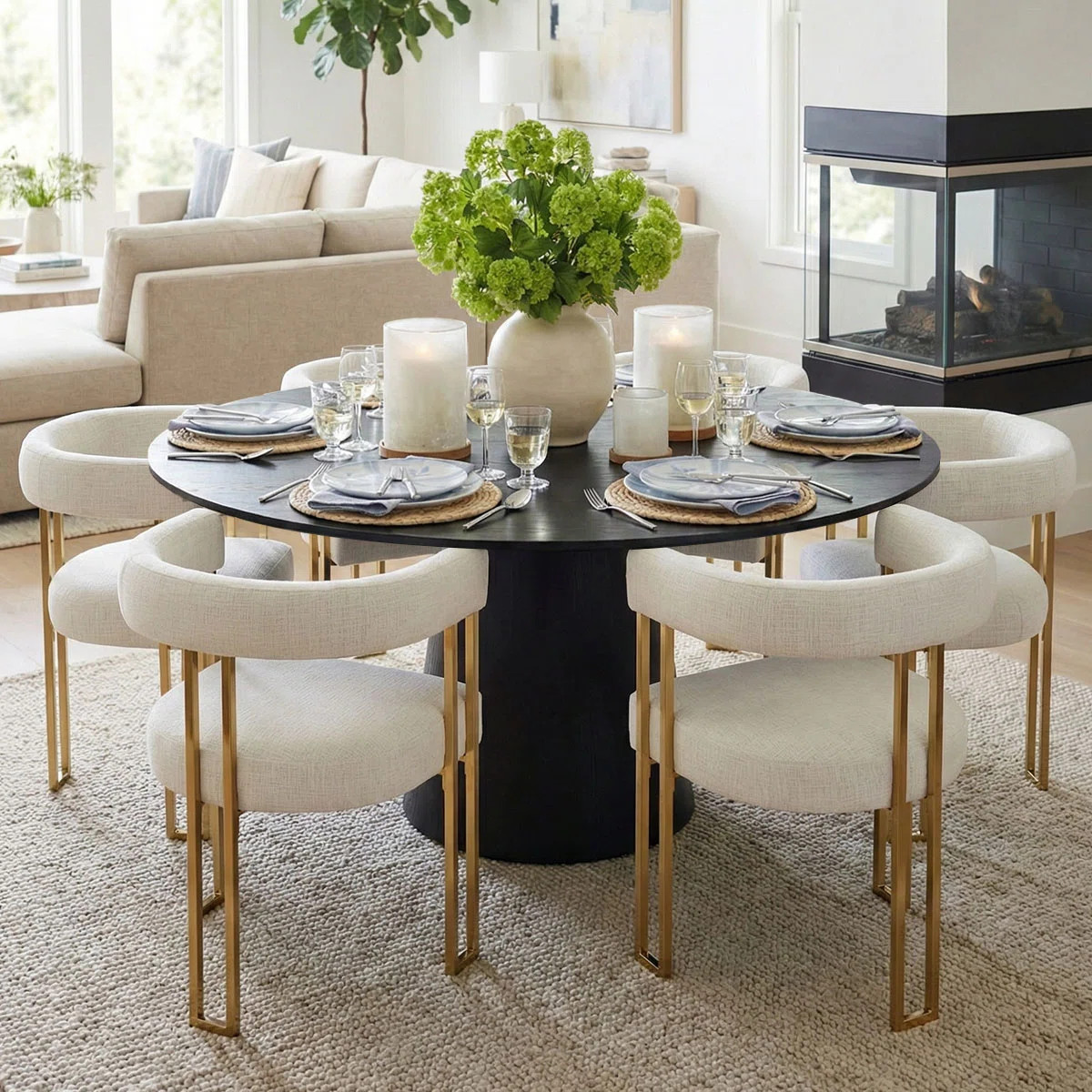 6 - Person Dining Table Sets With 60'' Round Table & 6 Upholstered Chenille Gold Chairs | Wayfair North America