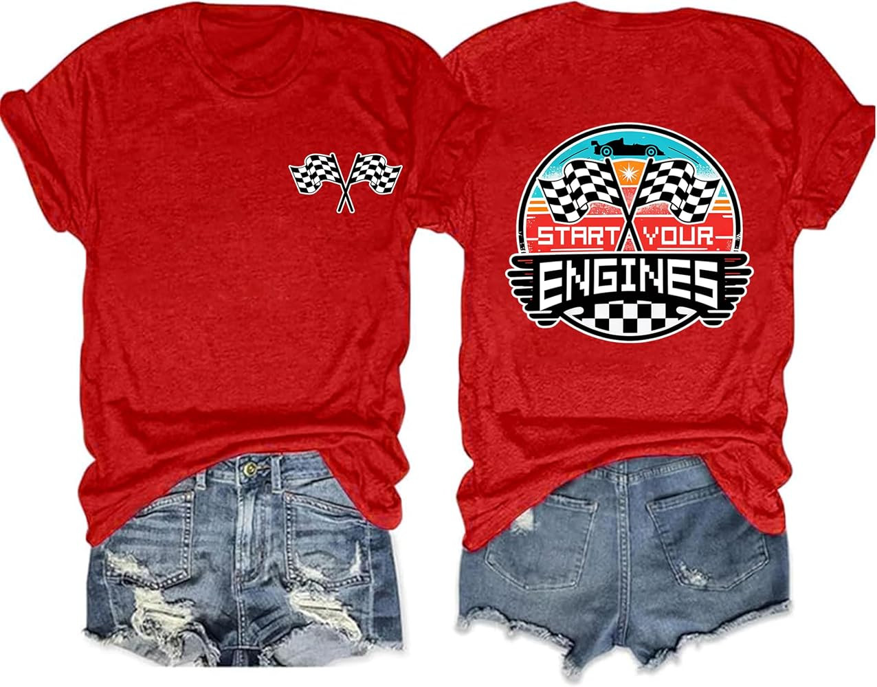 Start Your Engines Shirt for Women Racing Car Checkered Graphic Tees | Amazon (US)