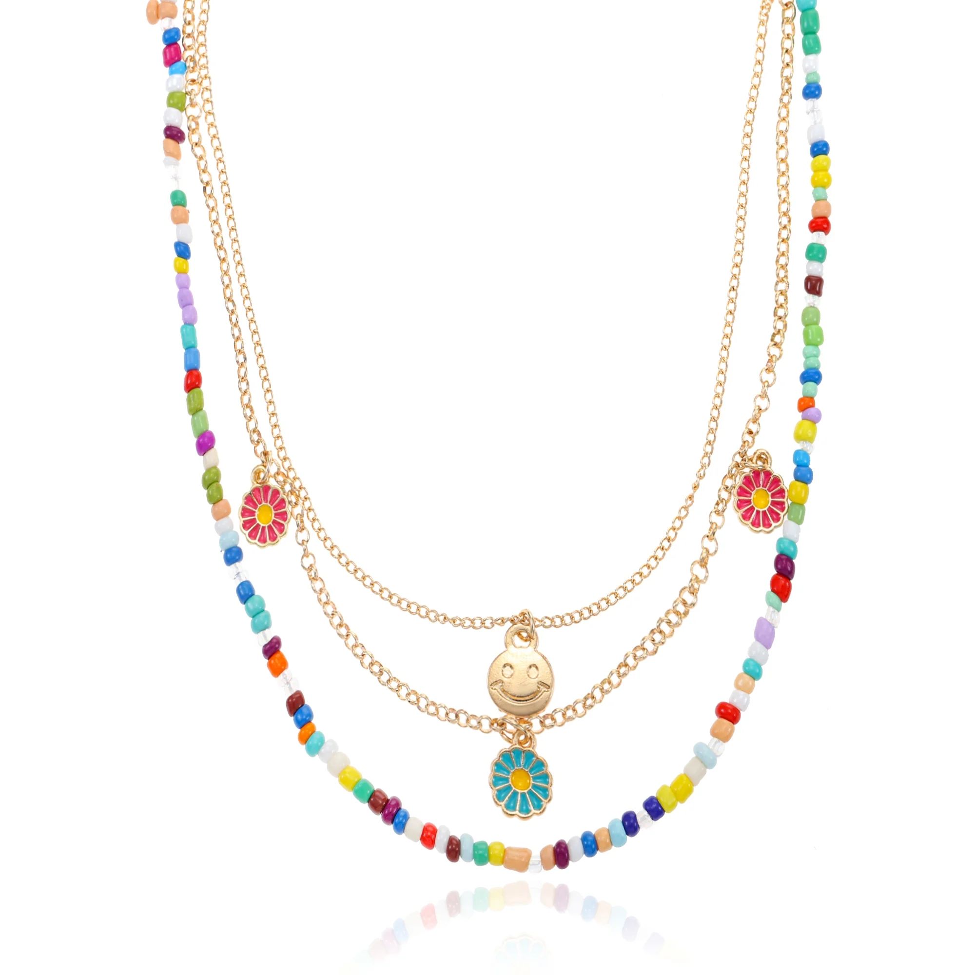 Wonder Nation Girl's Necklace Set, Gold tone and Multicolored Bead Necklaces with Smiley Face Pen... | Walmart (US)