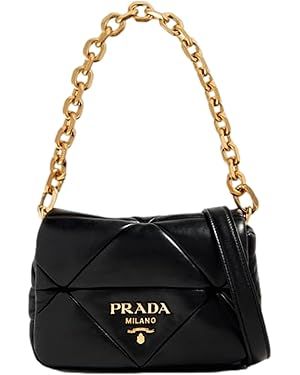 Prada Women's Gold Logo Black Quilted Nappa Patch Leather Small Shoulder Bag 1BD392 | Amazon (US)