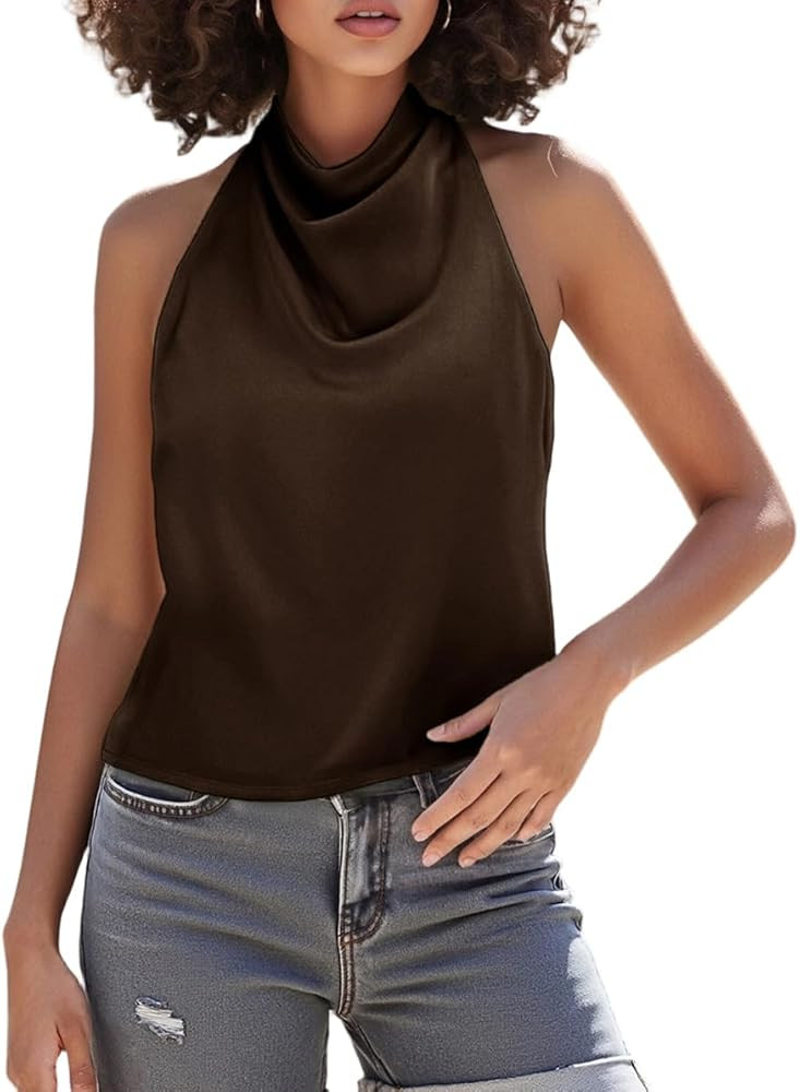 Open Back High Neck Tank Tops for Women Satin Silk Halter Mockneck Sleeveless Backless Crop Top Y... | Amazon (US)