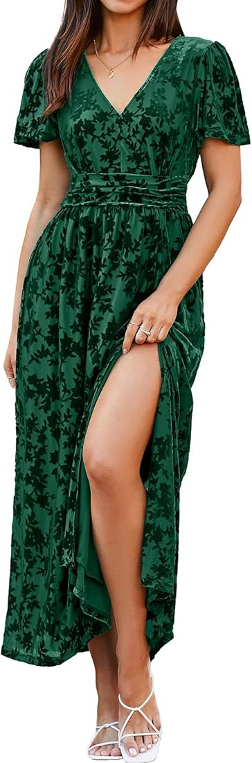 Simplee Women's Velvet Maxi Dress V Neck Short Sleeve Empire Waist Semi Formal Long Cocktail Dres... | Amazon (US)