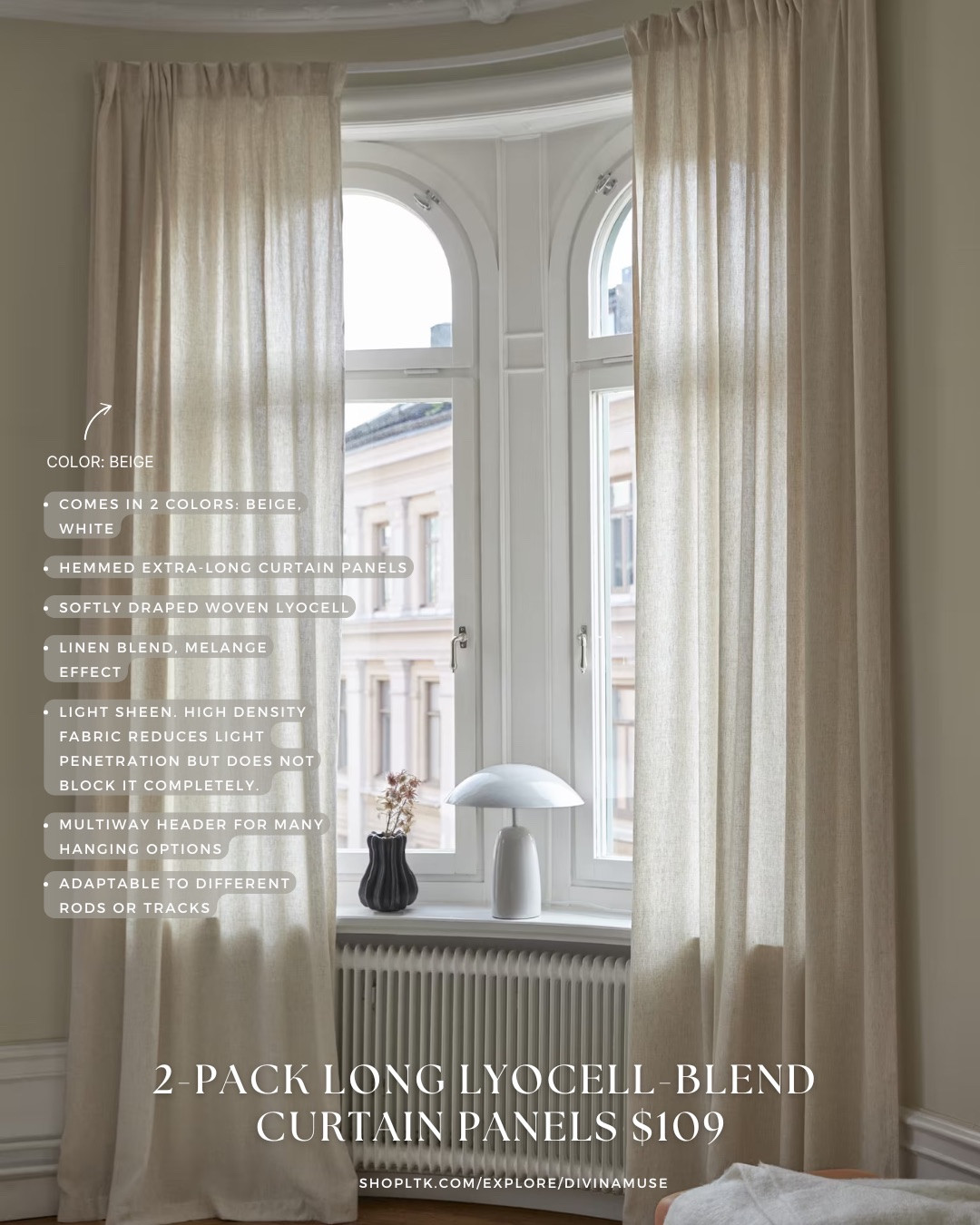 2 pack long lyocell-blend curtain panels. Hemmed, extra long curtain panels that softly drape over windows. It has a light sheen with high density fabric that gives just the right amount of light in without compromising privacy 
#semisheercurtains #sheercurtains #luxurycurtains #beigecurtains #whitecurtains #longcurtains #floorlengthcurtains #hemmedcurtains #homedecor #livingroomdecor #bedroomdecor #curtains #aesthetichome 

#LTKHome #LTKFindsUnder100