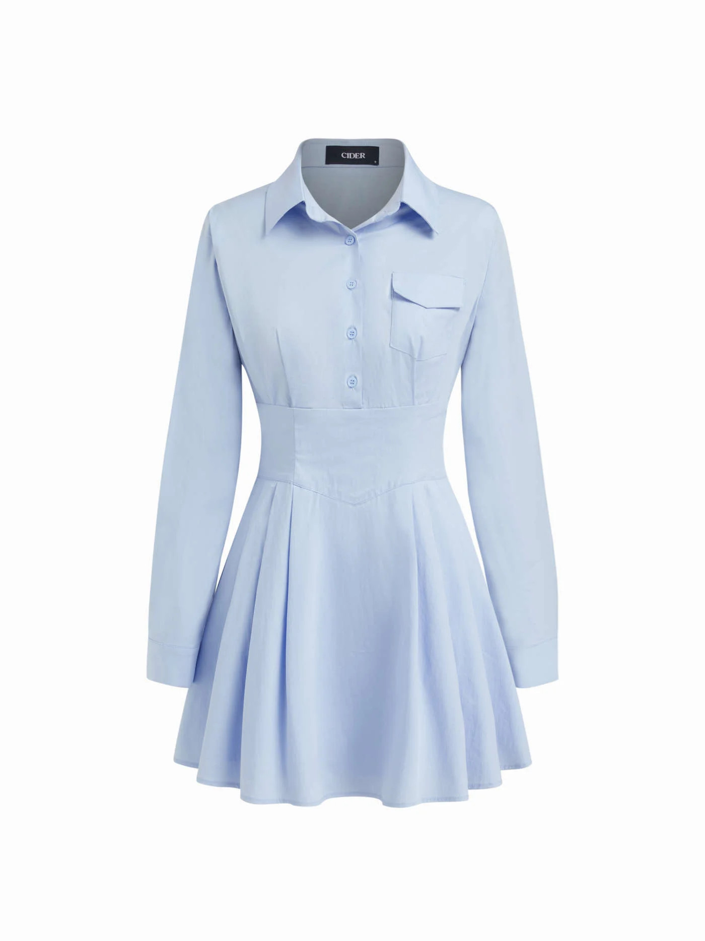 Cotton-blend Polo Collar Long Sleeve Cinched Waist Pleated Mini Dress | Cider
