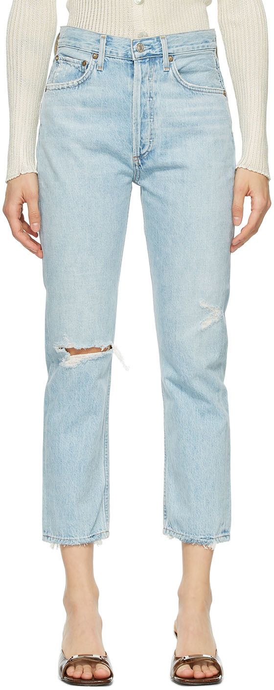 Blue Distressed Riley Straight Crop Jeans | SSENSE