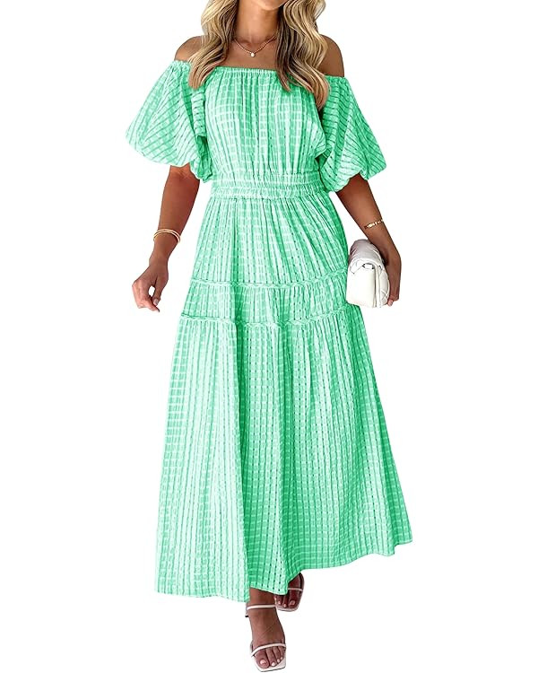 MASCOMODA Off The Shoulder Flowy Maxi Dress for Women 2024 Summer Casual Puff Short Sleeve Smocke... | Amazon (US)
