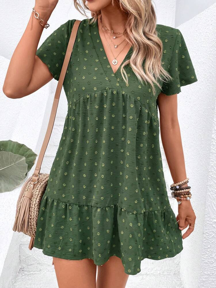 SHEIN VCAY Swiss Dot Butterfly Sleeve Ruffle Hem Smock Dress | SHEIN