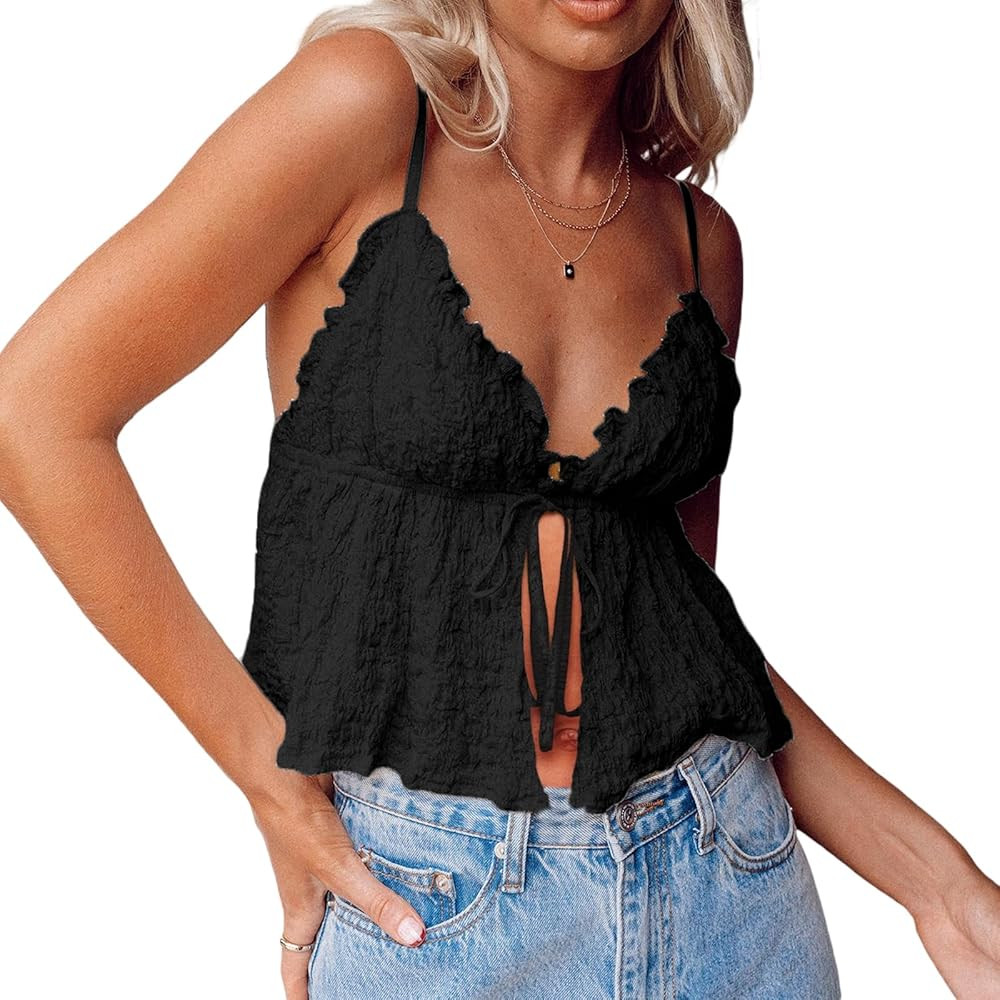 Women Tie Front Tank Spaghetti Strap Y2k Babydoll Top Flowy Summer Going Out Shirt | Amazon (US)