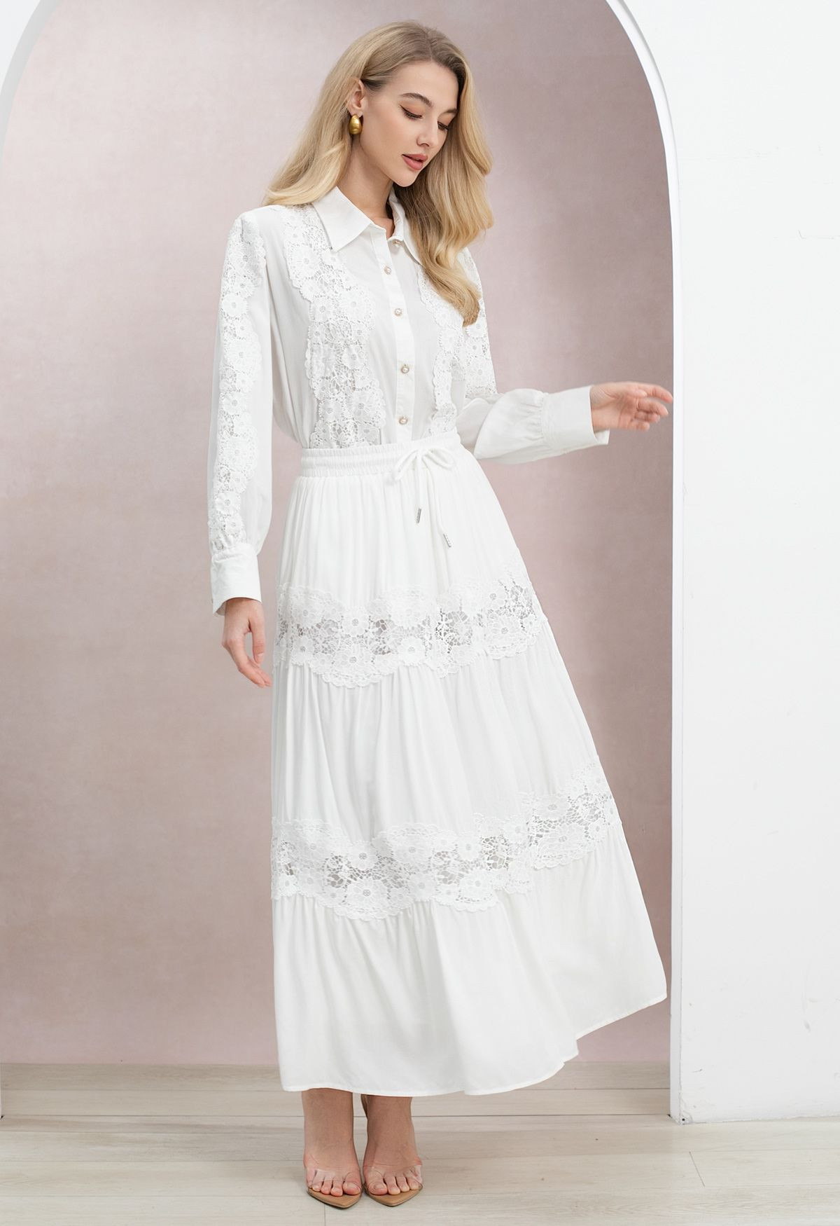 Floral Cutwork Lace Panel Buttoned Shirt and Maxi Skirt Set in White for Formal Dinners & Weekend... | Chicwish