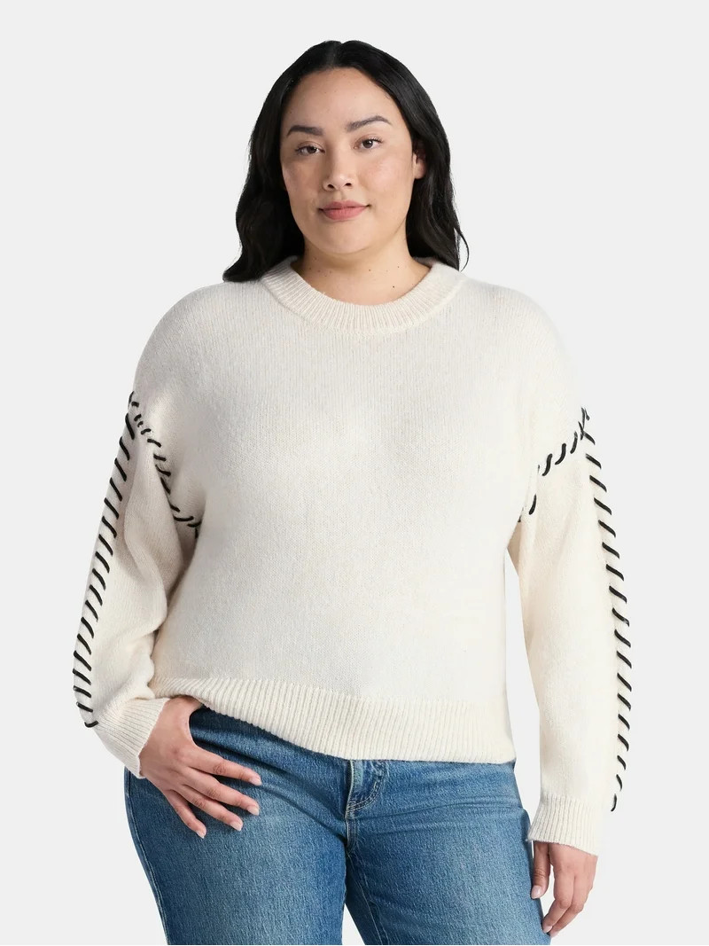 Terra & Sky Women's Plus Whipstitch Trim Sweater, Lightweight, Sizes 0X-5X | Walmart (US)