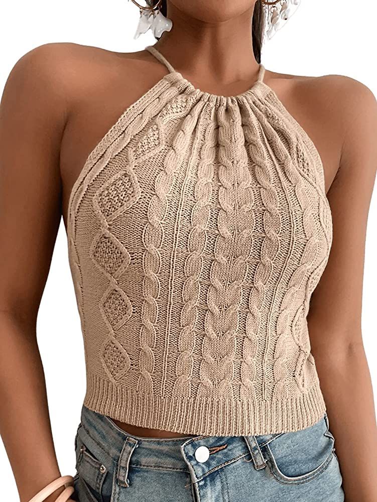 Verdusa Women's Lace Up Tied Backless Cable Knit Sleeveless Halter Crop Top | Amazon (US)