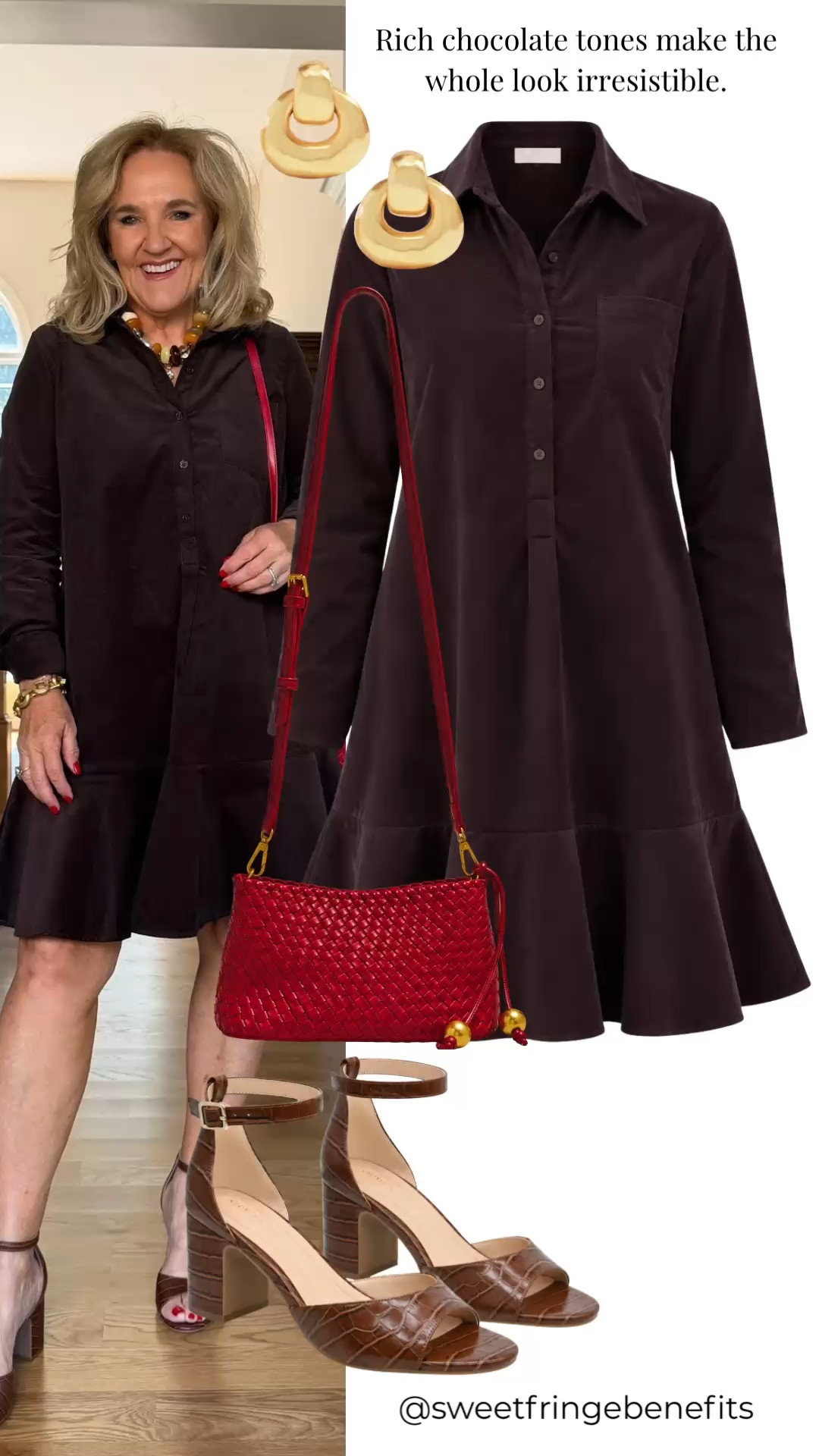 This is one of those dresses that makes getting dressed pretty easy. I’m wearing a medium/8, and I really like the rich brown with that pop of red.

#LTKootd #LTKOver40 #LTKPetite