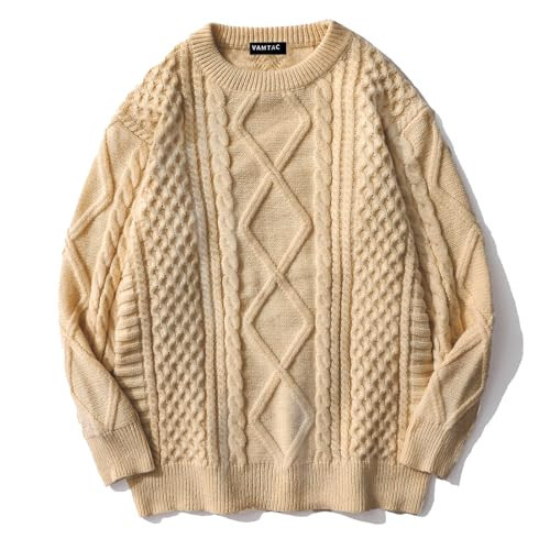Vamtac Womens Oversized Sweaters Cable Knit Sweater Cream Sweater Woman Vintage Sweater Beige Knitted Sweater | Amazon (US)