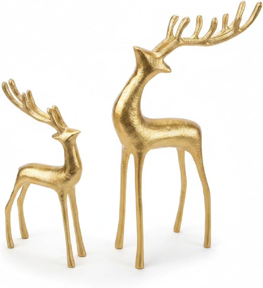 Sziqiqi Gold Reindeer Christmas Decor: Set of 2 Cast Iron Reindeer Figurine | Amazon (US)
