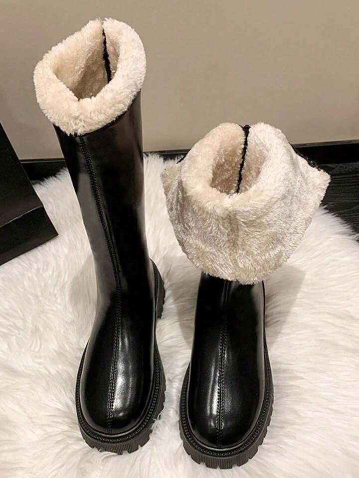 Women's New Fashion Elegant Leather Knee Length Snow Boots, Warm & Comfortable With Lining, Black | SHEIN