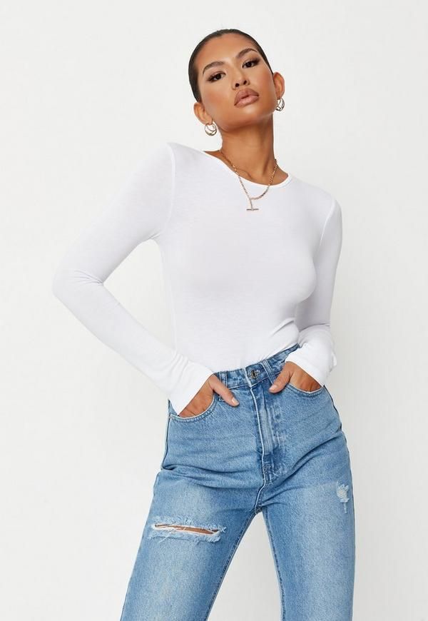 White Crew Neck Long Sleeve Jersey Bodysuit | Missguided (US & CA)