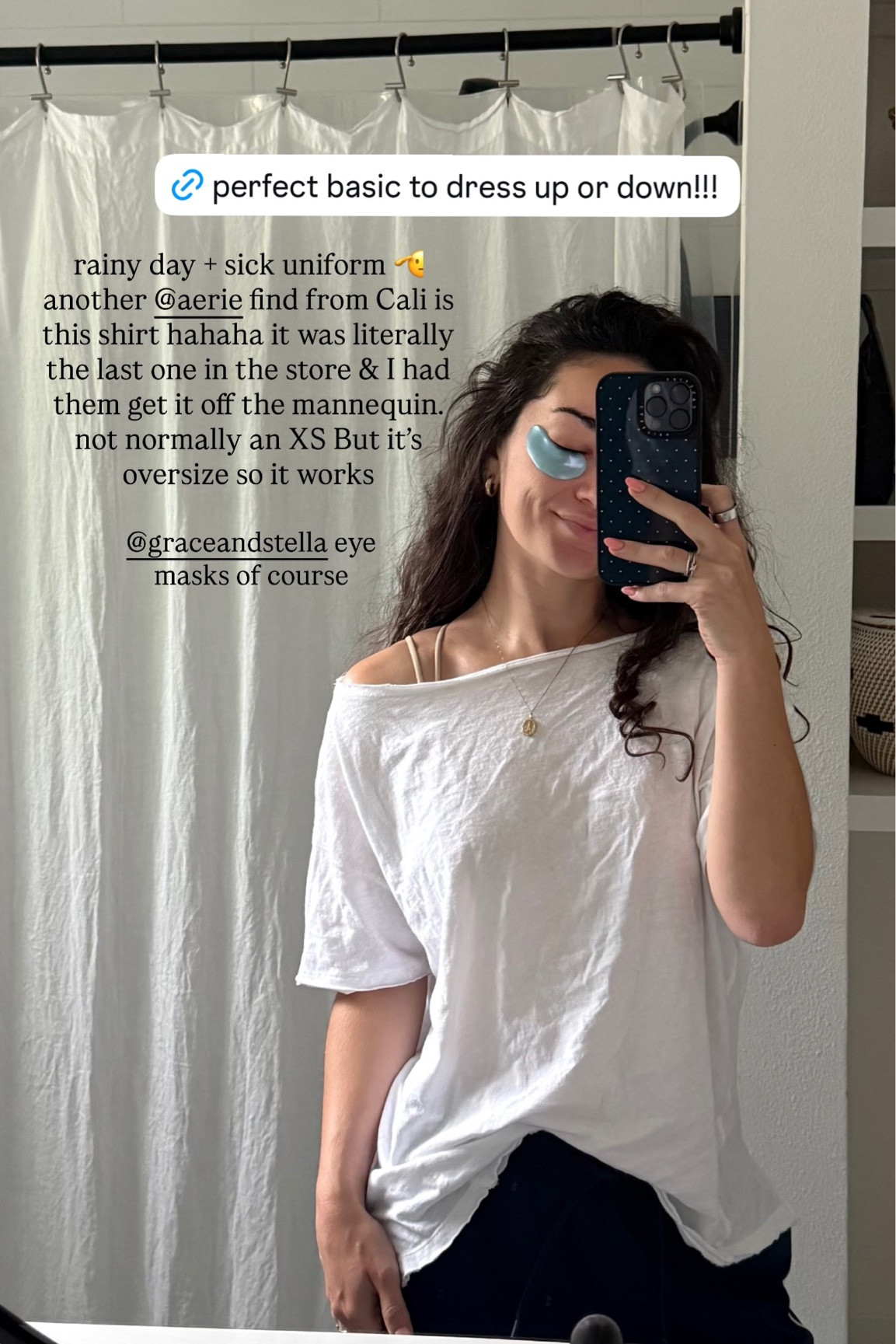 rainy day + sick uniform 🫡
another @aerie find from Cali is this shirt hahaha it was literally the last one in the store & I had them get it off the mannequin. not normally an XS But it’s oversize so it works @graceandstella eye masks of course