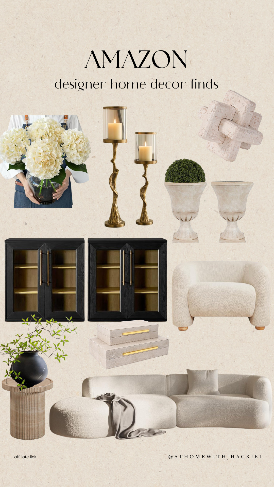 amazon designer home decor, high end look for less decor, neutral modern furniture amazon, boucle accent chair amazon, curved cream sofa, black wall cabinet glass doors, brass candle holders modern, faux hydrangeas amazon, decorative stone knot sculpture, neutral decorative boxes, pedestal planter urn, organic modern home decor, luxury home decor amazon finds, designer inspired furniture amazon, neutral living room styling 

 

#LTKHome
