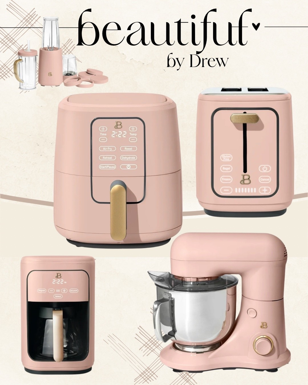 ✨ Beautiful by Drew – PINK Collection ✨
The dreamiest blush pink kitchen appliances that instantly level up your counter space. 💕 These aesthetic kitchen must-haves are perfect if you love neutral glam, soft feminine decor, modern minimal kitchens, gold accents, and Walmart home finds.

Linked the air fryer, toaster, coffee maker, blender, and stand mixer — all in the prettiest shade that makes your whole kitchen feel elevated + cozy.

Perfect for apartment kitchens, small spaces, mom-friendly cooking, quick meals, baking days, and creating that Pinterest-worthy kitchen aesthetic.

Tap to shop the full Beautiful by Drew pink lineup! 🌸✨

#LTKhome #LTKfinds #beautifulbydrew #pinkkitchen #aesthetickitchen #kitchenappliances #neutraldecor #walmarthome #blushpinkdecor #kitchentrends #kitchengadgets #modernkitchenstyle

#LTKFindsUnder100 #LTKHome #LTKGiftGuide