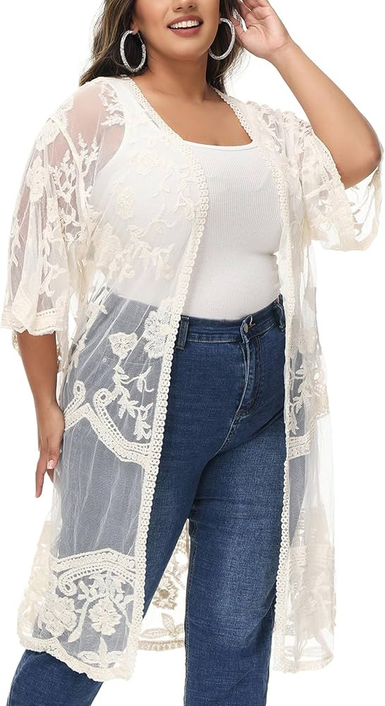 Anna-Kaci Women's Plus Size Lace Cardigan Open Front Floral Crochet Cover Ups Long Kimono | Amazon (US)