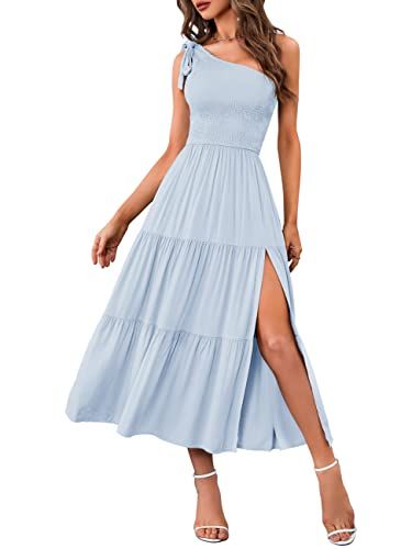 MEROKEETY Women's Summer One Shoulder Sleeveless Knot Smocked Midi Dress Split Tiered Flowy Dress... | Amazon (US)