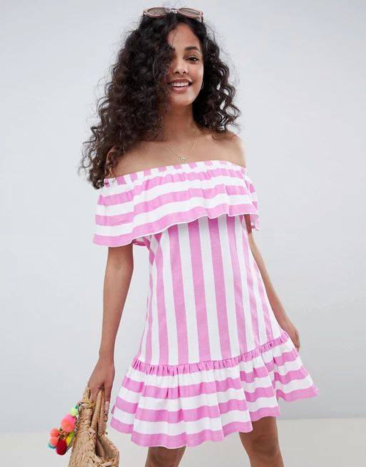 ASOS DESIGN Off Shoulder Sundress With Ruffle Hem In Deckchair Stripe | ASOS US
