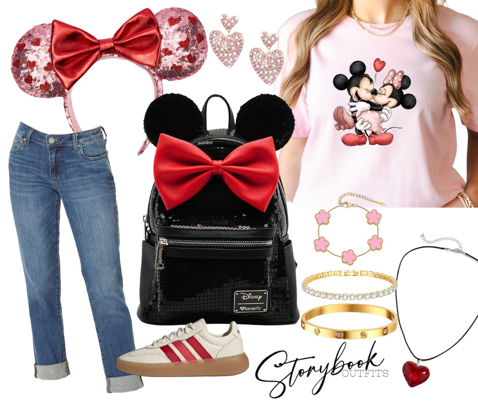 This Storybook Sweethearts outfit is made for cozy Valentine park days and classic Disney romance 💗🐭✨

Soft pink Minnie & Mickey tee, heart-sequin ears, black sequin Loungefly with the bold red bow, dainty heart jewelry, cuffed denim + comfy sneakers — this outfit is perfect for February trips, date nights, or anyone who loves Disney love stories. 

 #LTKTravel